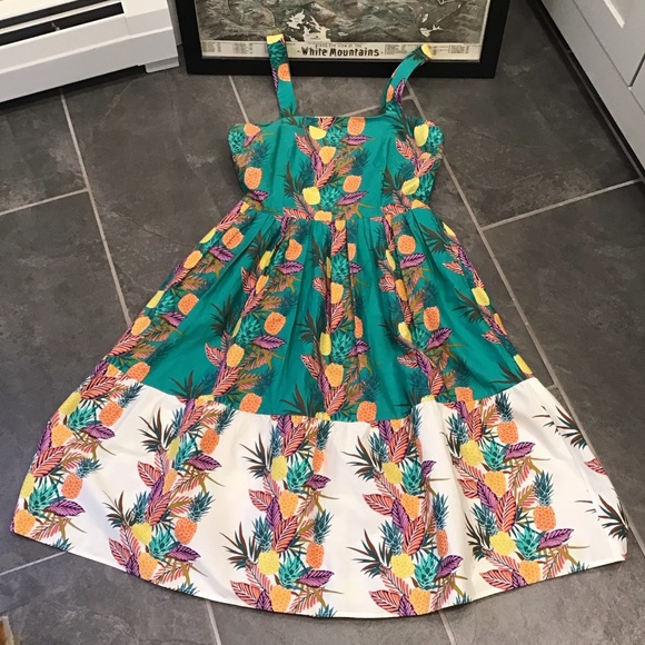 1901 MIdi Tropical Pineapple Sundress with Pockets Sleeveless ALine Teal Dress - Picture 12 of 16